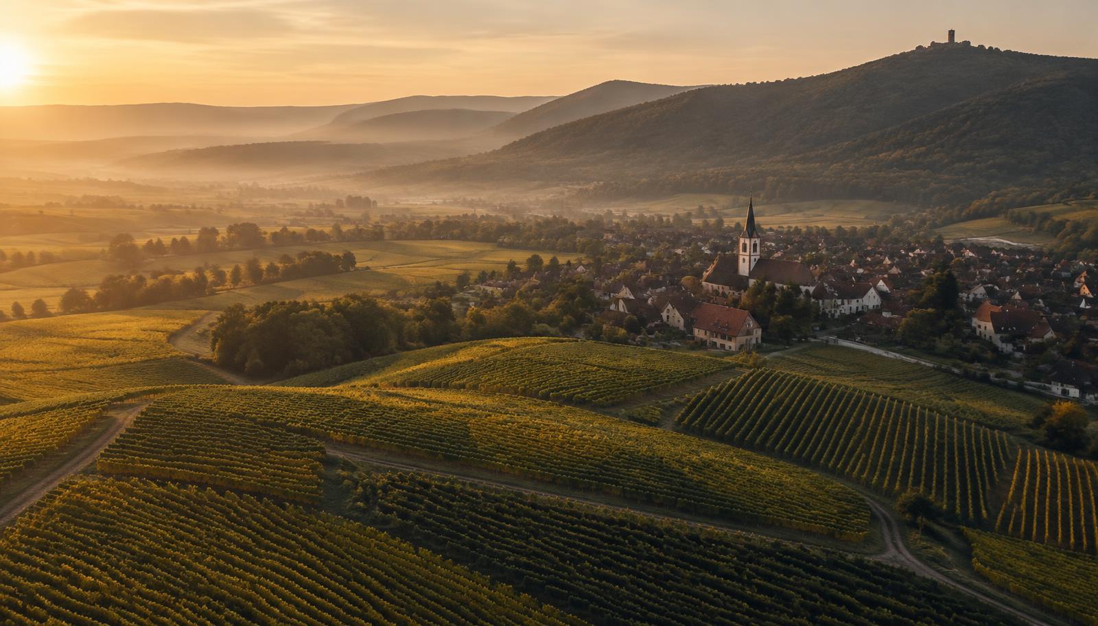 Weinberge der Südpfalz bei Sonnenuntergang